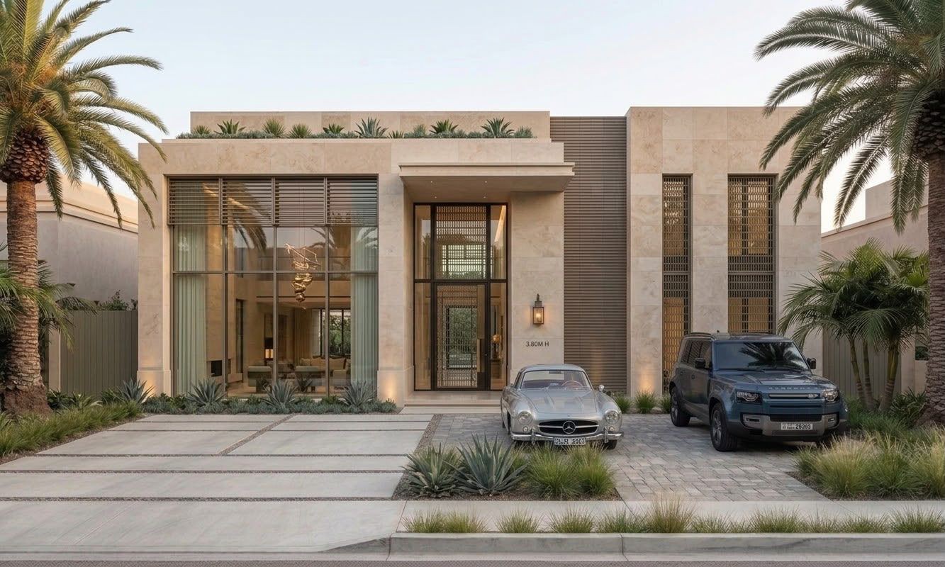 Fachada de una villa ZENIOR en travertino, con palmeras y jardín al frente